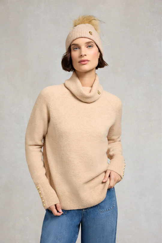 Sloane Taupe Marl Cable Bobble Hat by Holland Cooper
